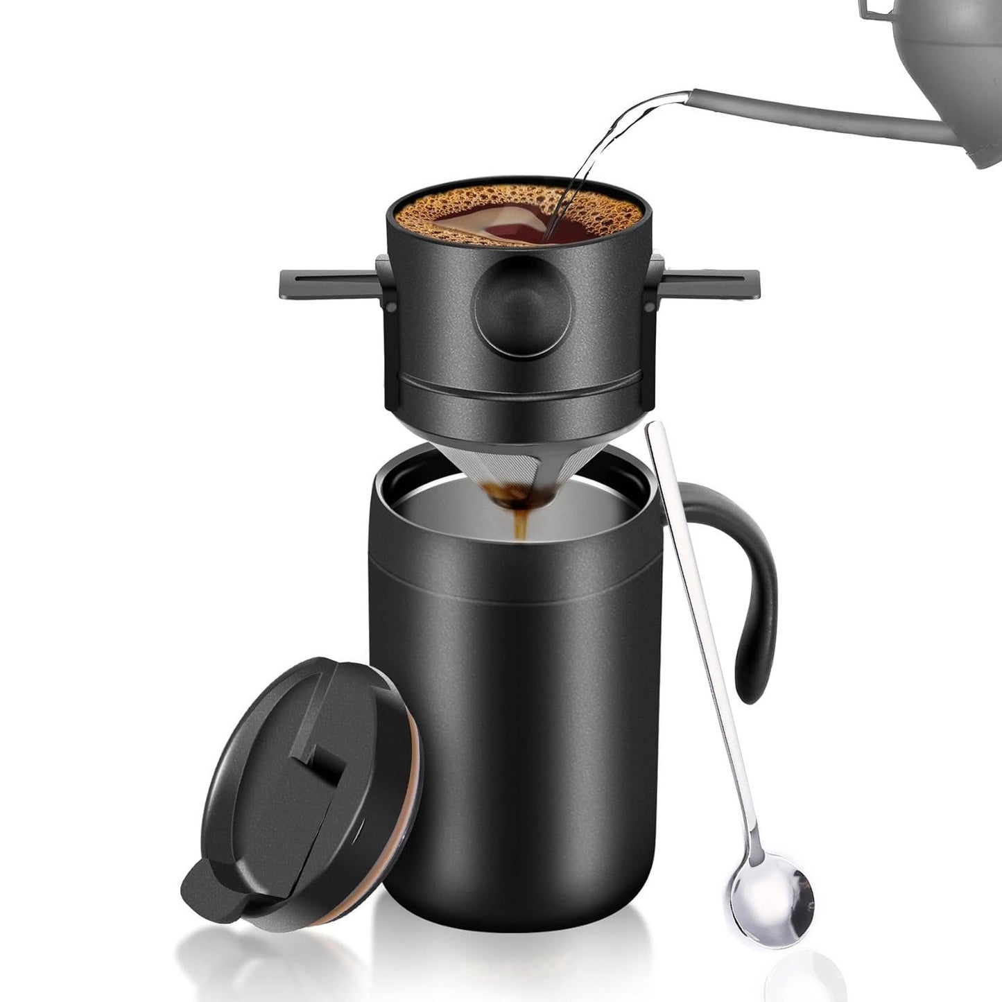 Portable Insulated Coffee Mug with Drip Filter - Stainless Steel Hand Brew Kit