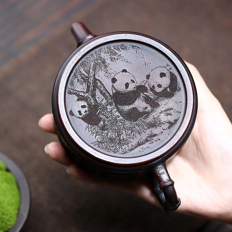 Handmade Tea Pot Panda Carved Real Yixing Zisha Clay Pot Ball Shaped Infuser New