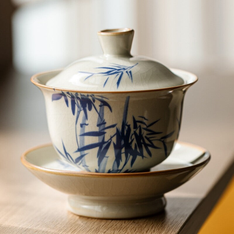 Gaiwan Ruyao Craft Crackle Glaze Porcelain Tureen With Saucer Lid Bamboo Print