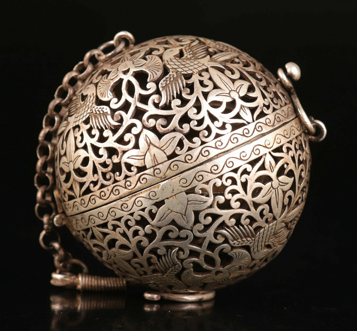 Chinese Retro Copper Incense Burner Silver Plated Incense Ball Pendant