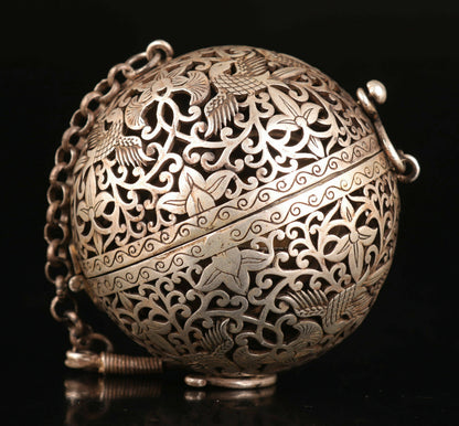 Chinese Retro Copper Incense Burner Silver Plated Incense Ball Pendant