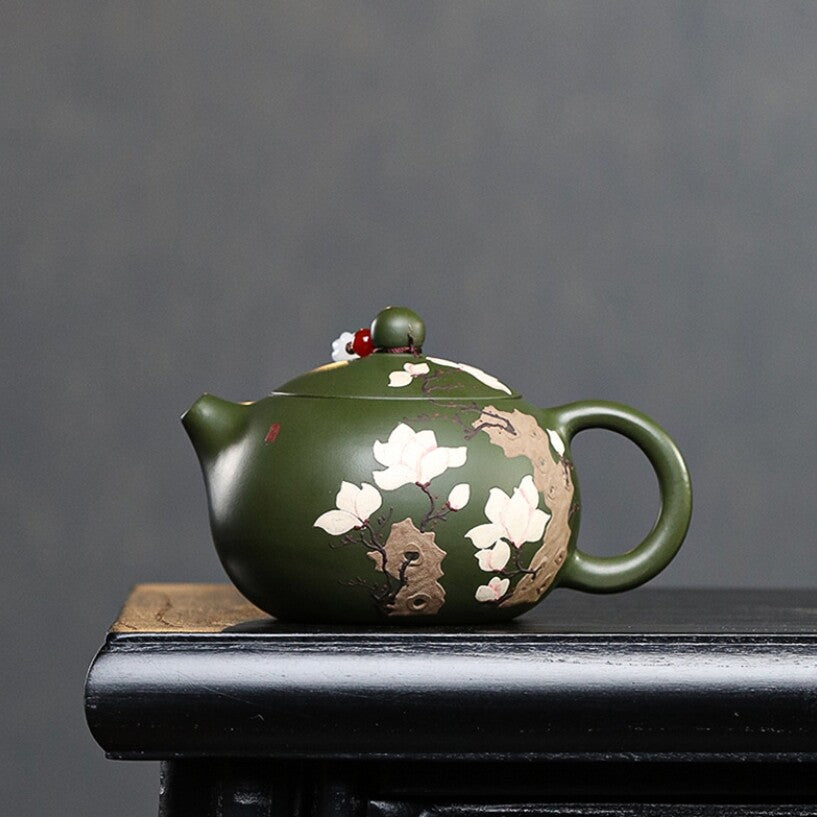 Handmade Tea Pot Marked Xishi Pot 9 Infuser Hole Flower Relief Yixing Zisha Clay