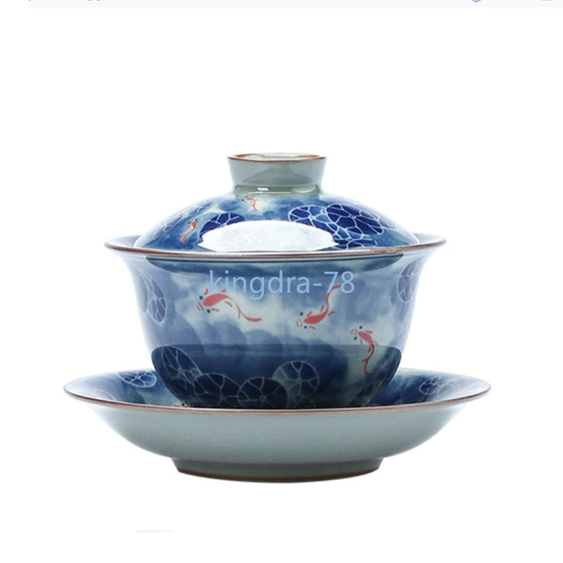 210ml Chinese Ceramic Gaiwan Handmade Lotus Koi Fish Tea Tureen Tea Bowl Teaware