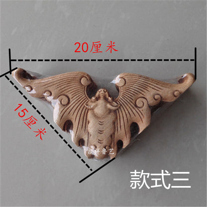 Chinese Hand Carved Statue Camphor Wood Bat Triangle Decal Wall Sculpture