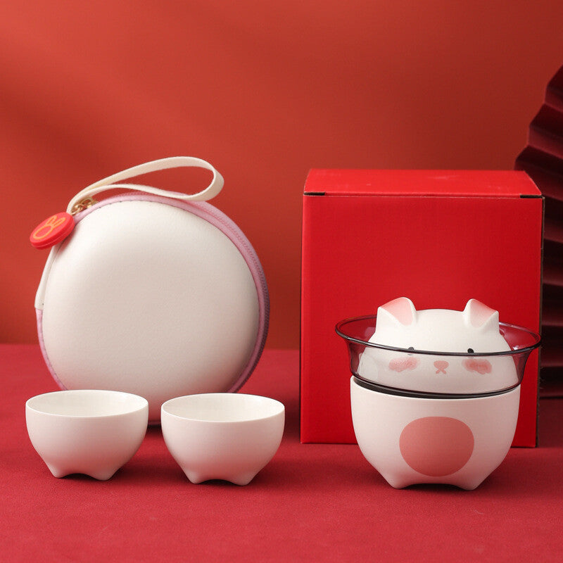 Chinese Tea Set Porcelain Tea Cup Rabbit Design Glass Pitcher Portable Bag Gift