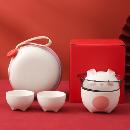 Chinese Tea Set Porcelain Tea Cup Rabbit Design Glass Pitcher Portable Bag Gift