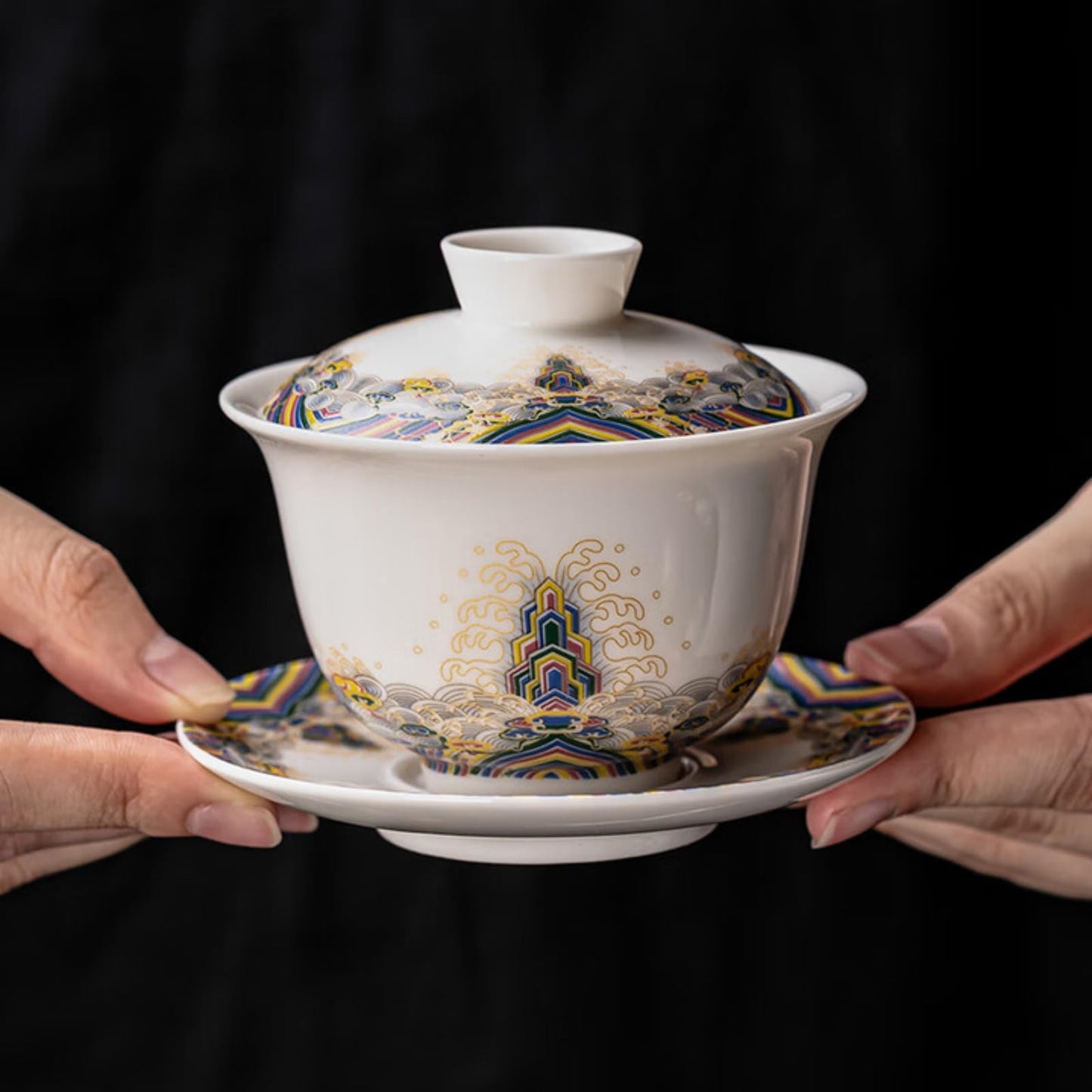 Jade Ceramics Enamel Colors Patterned Gaiwan 150ml 5.1oz White Kungfu Tea Set