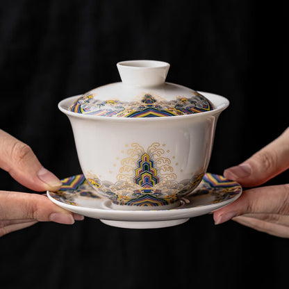 Jade Ceramics Enamel Colors Patterned Gaiwan 150ml 5.1oz White Kungfu Tea Set