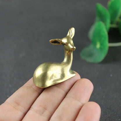 Pure Copper Lying Sika Deer Figurines Miniatures Small Desktop Ornament