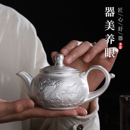 240ml Fine Chinese Style Dragon and Phoenix Auspicious Pure Silver Kungfu Teapot