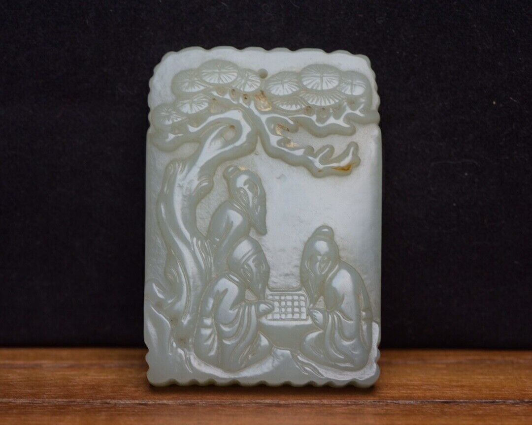 Chinese Top Natural Hetian Jade Carved Pine Figure Story Statues Pendant Jewelry