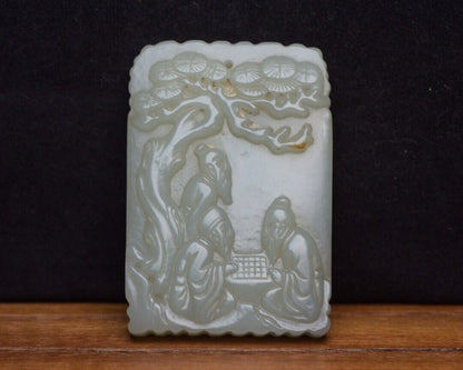 Chinese Top Natural Hetian Jade Carved Pine Figure Story Statues Pendant Jewelry