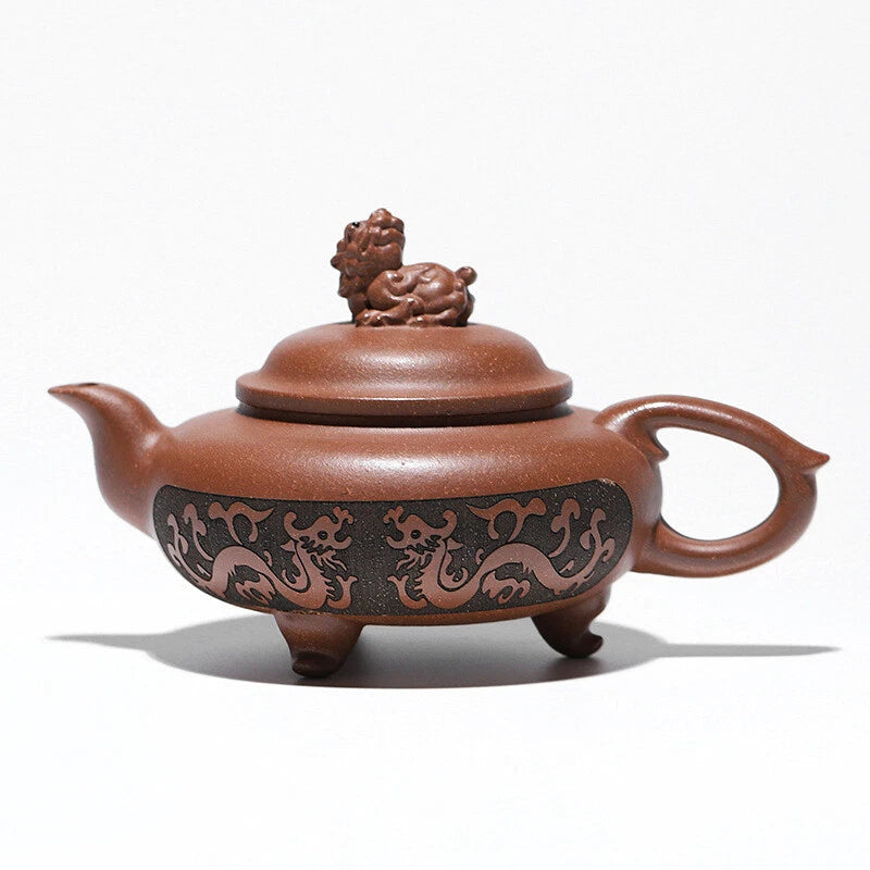 Yixing Aged Duan Clay Kylin Teapot Handcarved Auspicious Triple-foot Collectible