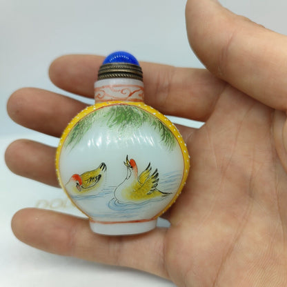 Chinese Peking Glass Snuff Bottle Painted Bird Flower Signed Love Yellow Box Art