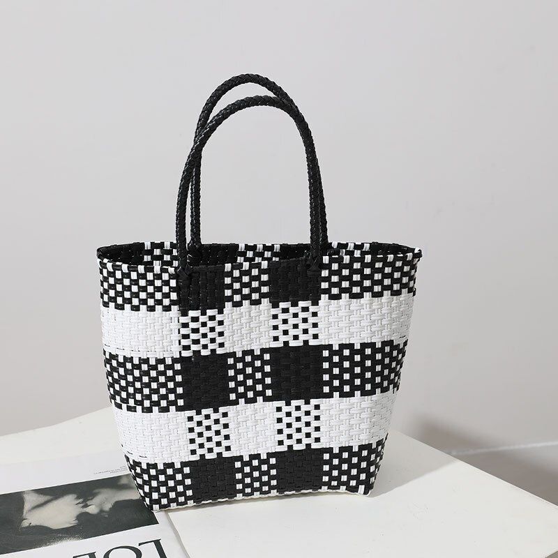 Plastic Hand-woven Bag Large Square Shopping Basket Bag Shoulder Purse Tote Bags