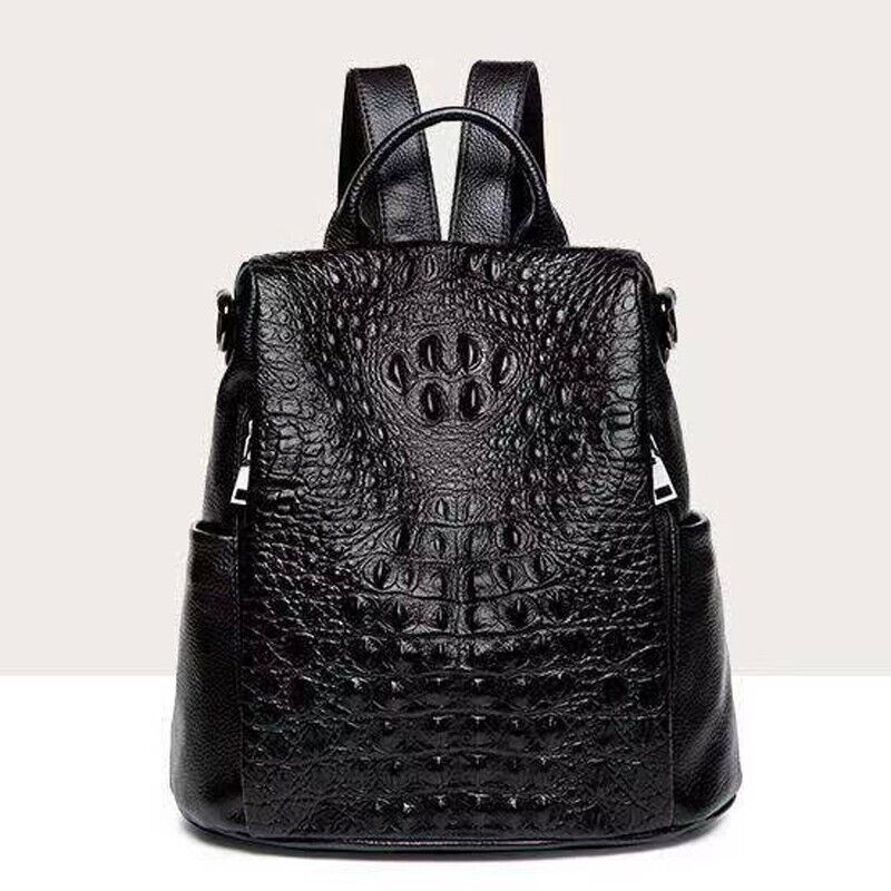 Soft Leather Black Backpack, Desinger Crocodile Print Women's Travel Bag School