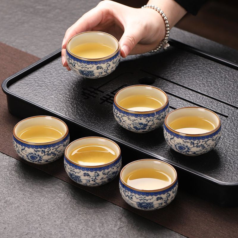 Ru Kiln Floral Crackle Glaze Teacup 6pcs Kung Fu Tea Cups 60ml