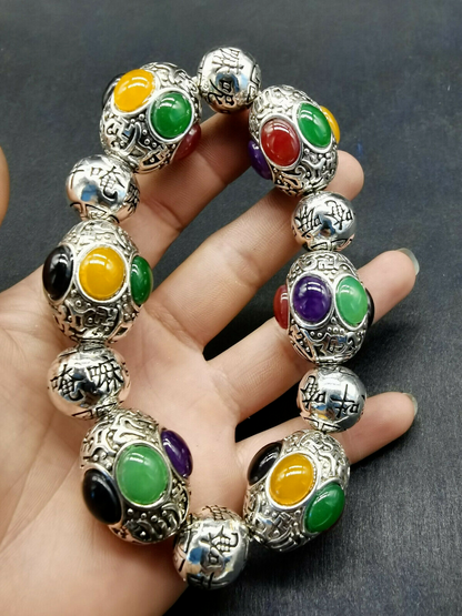 Old Tibet silver carving flower inlaid red green black jade silver bracelet