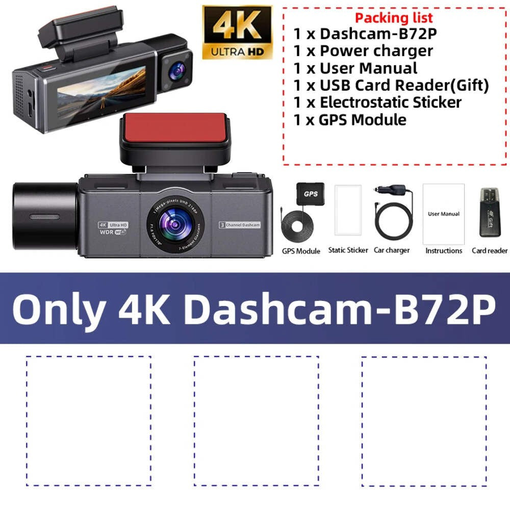 4K 3 Channel Dashcam WiFi GPS Night Vision Car DVR