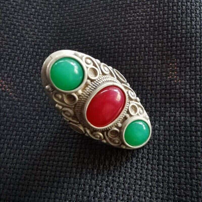 Old Chinese tibet silver inlay Red green gem handmade Ring