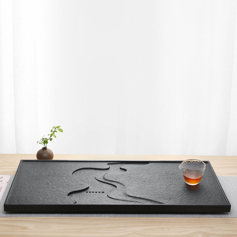 China Black Stone Tea Tray Engraved Serving Tray Water Draining Tea Boat Heavy