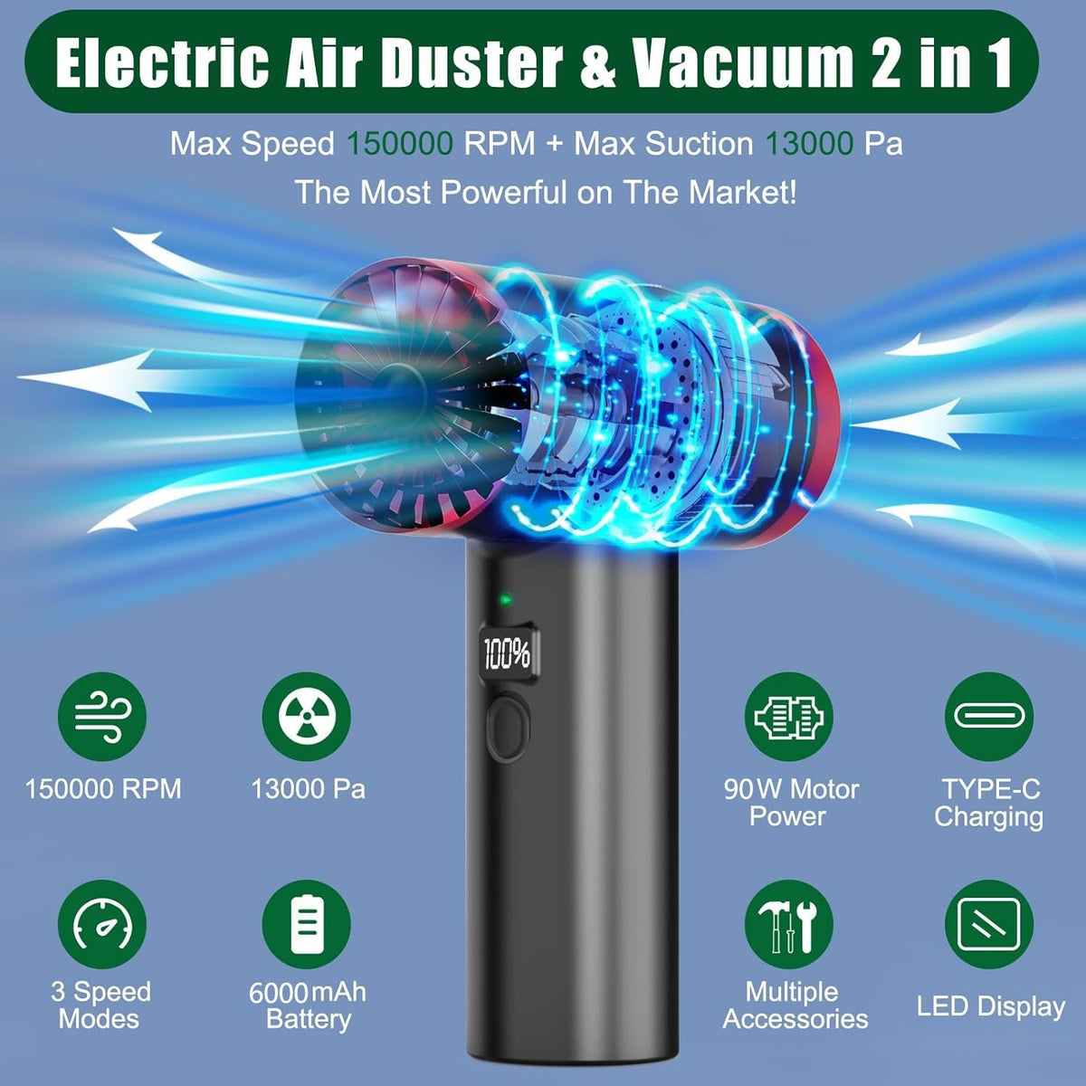 Cordless Dust Blower&Vacuum-Compact Dual-Function Cleaner for Car/Keyboard/home