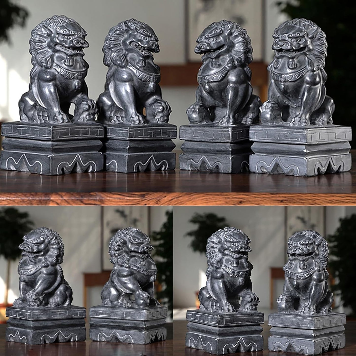 Black Foo Dogs Statues Pair - Guardian Ornaments for Office/Home Luck Gift