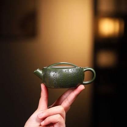 Yixing Zisha Green Clay Tea Pot Carved Character Handmade Large Caliber Teapot