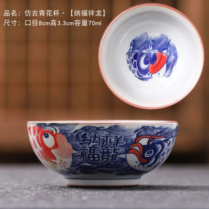 Blue and White Porcelain Tea Cups Retro Fish Dargon Master Cup Puer Tea Bowl