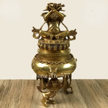 8.6" Tibet Buddhism Bronze Temple Mahakala Wrathful Deity Incense Burner Censer