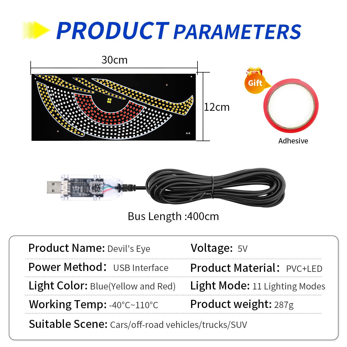 Car usb dynamic devil's eye light sticker car led display decorative light