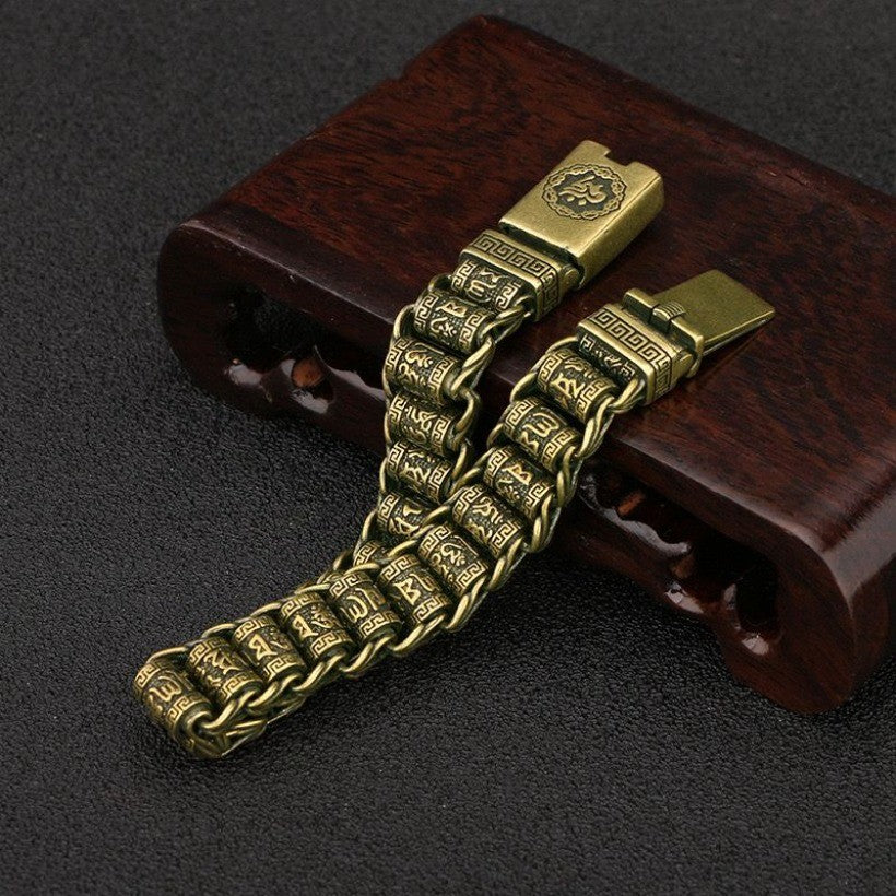 Vintage Copper Tibetan Script Bracelet Brass Watch Chain Men's Accessory 66g