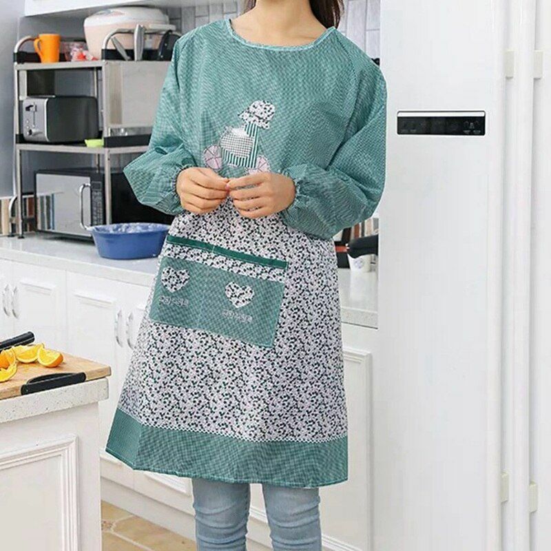 Women Kitchen Apron Long Sleeve Cooking Baking Workwear Bib Polyester 68x46x30cm