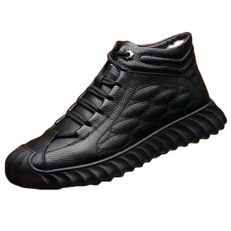 Winter Fur Lined Men's Warm Lace-Up Shoes Faux Leather High-Top Ankle Snow Boots