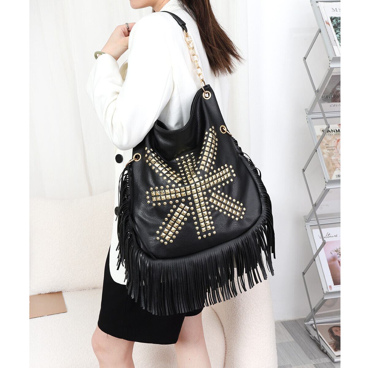 Celela Bohemian Style Retro Fashion Trend Rivets Leather Tassel Shoulder Bag