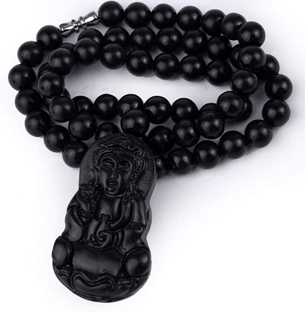 Bian Stone Necklace pixiu guanyin Lucky Pendant Black Beads Round for Men Women