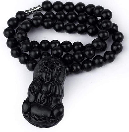 Bian Stone Necklace pixiu guanyin Lucky Pendant Black Beads Round for Men Women