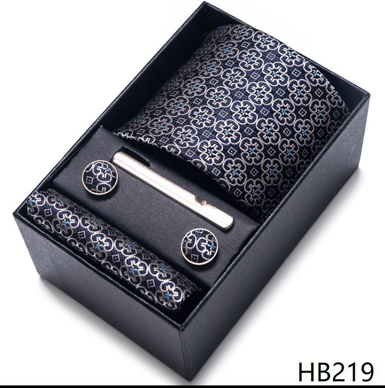 Men Neckties 5Pcs Business Ties Hanky Cufflink Set Clips Corbatas Gift Box 7.5cm