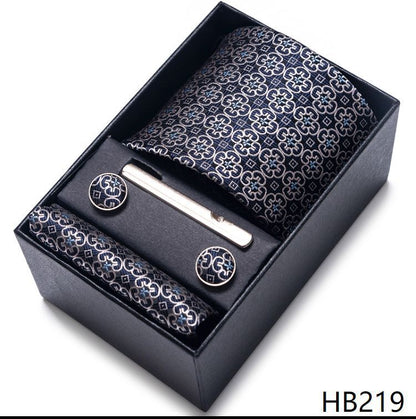 Men Neckties 5Pcs Business Ties Hanky Cufflink Set Clips Corbatas Gift Box 7.5cm