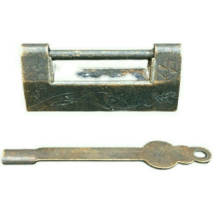 Vintage Chinese Brass Padlock Horizontal Open Lock with Key for Wooden Box