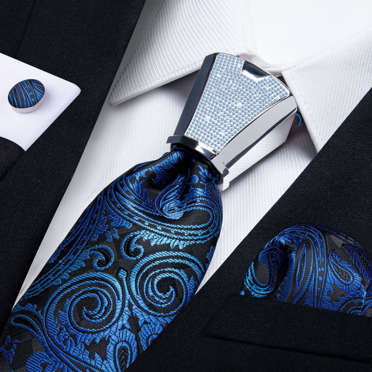 Men Necktie 3Pcs Luxury Striped Ties Cufflinks Pocket Square Wedding Accessories