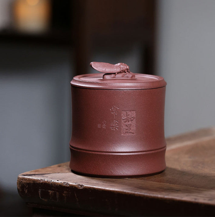 Full Handmade Tea Canister Carved Yixing Zisha Purple Clay Sealed Caddy For Tea