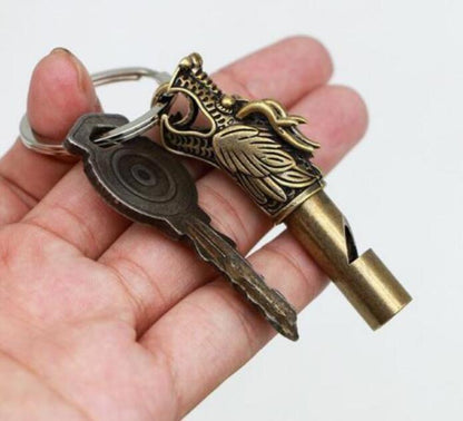 Chinese Collection archaize brass dragon head whistle key ring