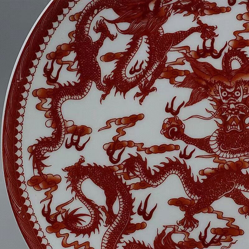26cm Porcelain Red Glaze Five Dragon Pattern Plate Exquisite Chinese