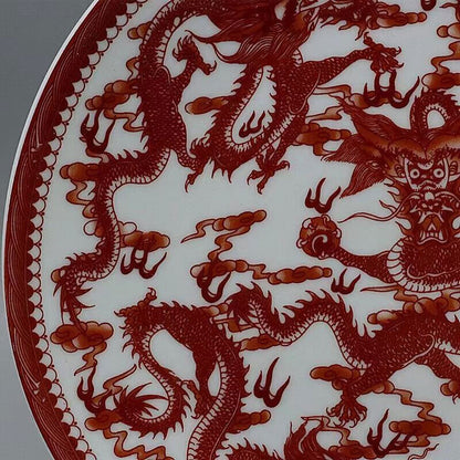26cm Porcelain Red Glaze Five Dragon Pattern Plate Exquisite Chinese