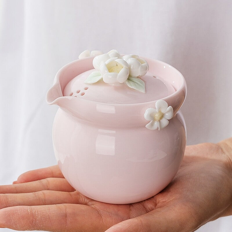 Chinese Tea Pot Matching Tea Cup Floral Handmade Relief Holiday Gift Ceramic Pot