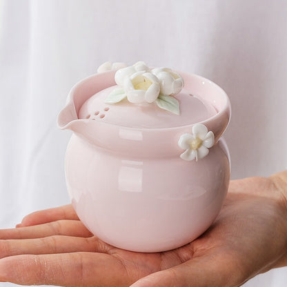 Chinese Tea Pot Matching Tea Cup Floral Handmade Relief Holiday Gift Ceramic Pot