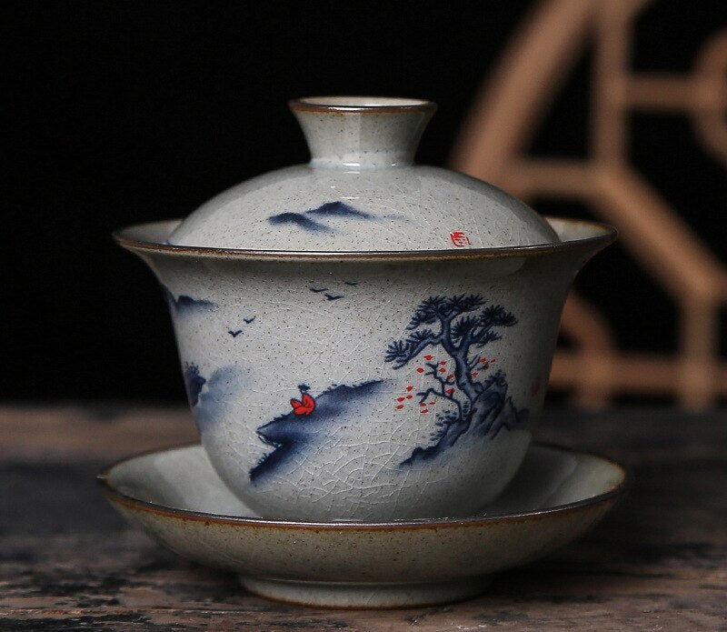 Ceramic Opening Vintage Landscape Gaiwan For Tea Tureen Lid Lotus Teaware