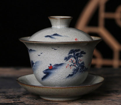 Ceramic Opening Vintage Landscape Gaiwan For Tea Tureen Lid Lotus Teaware