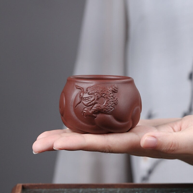 Handmade Tea Cup Real Yixing Zisha Purple Clay Master Cup Dragon Carved 60ml New